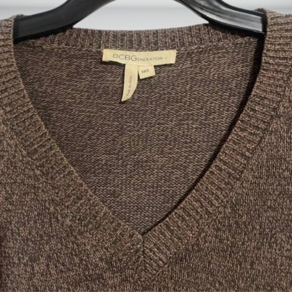 BCBGeneration Brown Tan Ribbed V-Neck Sweater, Exposed Seams, Size XXS - Cotton - Picture 5 of 14